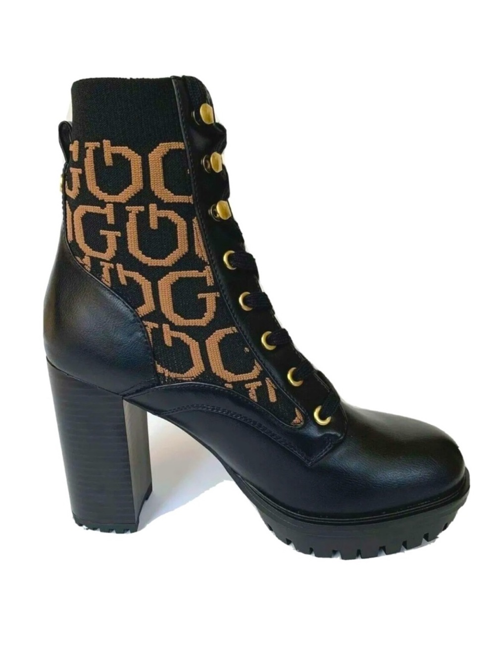 GUESS Women's Grows-R Ankle Boots Knit Logo Platform Black/brown Size 10 shoes